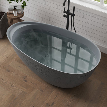 Medunjess 59" Solid Surface Freestanding Tub,Travertine-Texture Design Oval Stone Resin Bathtub Soaking Tub With Overflow