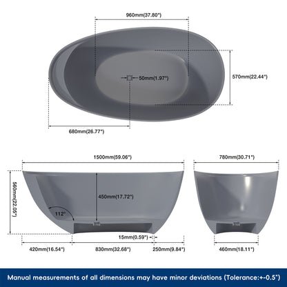 Medunjess 59" Solid Surface Freestanding Tub,Travertine-Texture Design Oval Stone Resin Bathtub Soaking Tub With Overflow