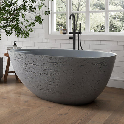 Medunjess 59" Solid Surface Freestanding Tub,Travertine-Texture Design Oval Stone Resin Bathtub Soaking Tub With Overflow
