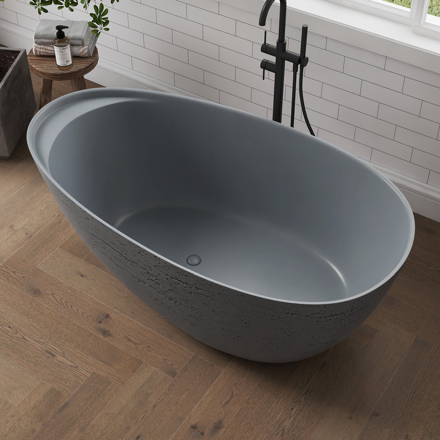 Medunjess 59" Solid Surface Freestanding Tub,Travertine-Texture Design Oval Stone Resin Bathtub Soaking Tub With Overflow