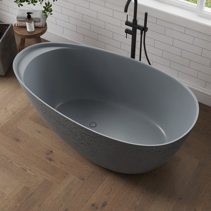 Medunjess 59" Solid Surface Freestanding Tub,Travertine-Texture Design Oval Stone Resin Bathtub Soaking Tub With Overflow