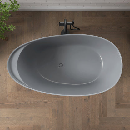 Medunjess 59" Solid Surface Freestanding Tub,Travertine-Texture Design Oval Stone Resin Bathtub Soaking Tub With Overflow