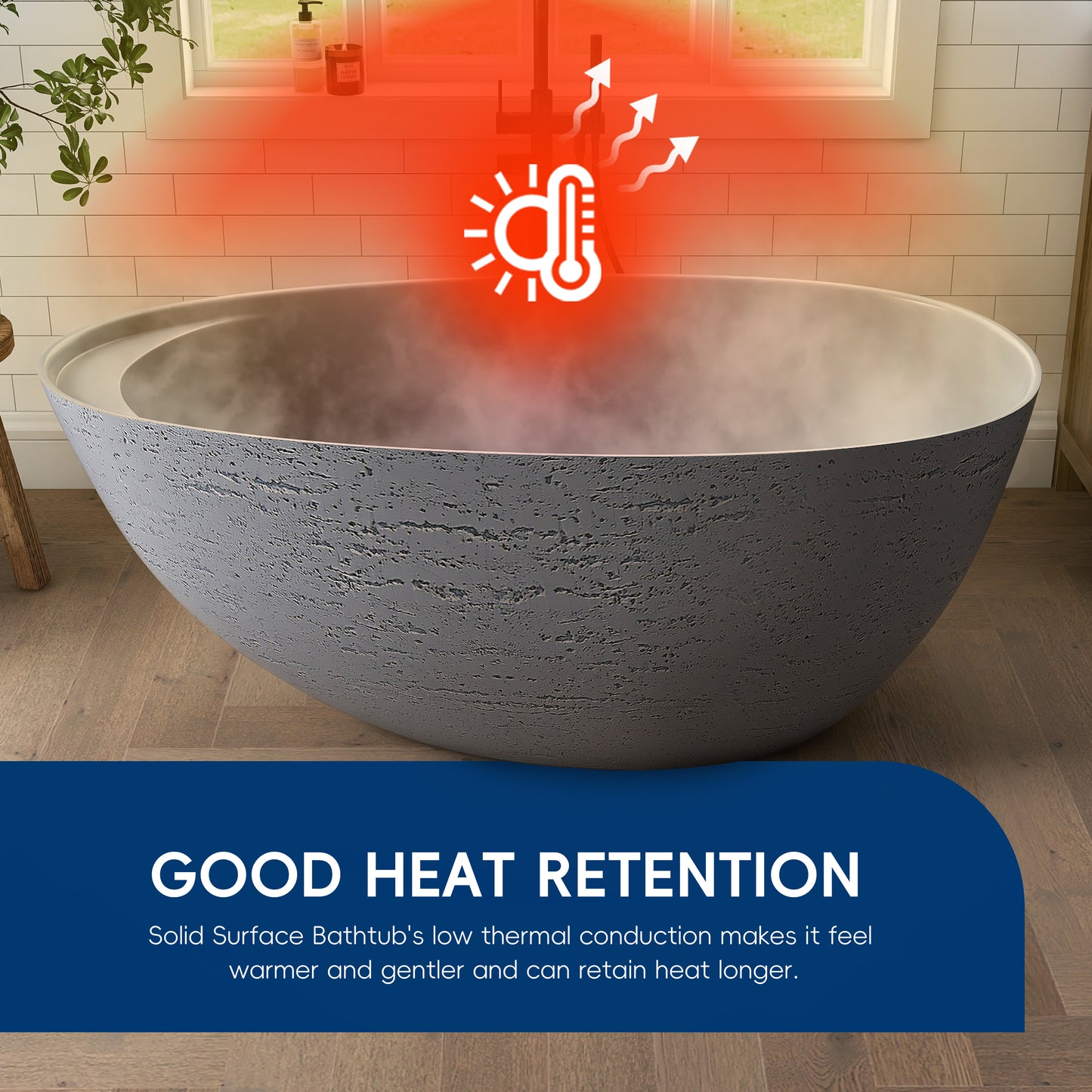 Medunjess 59" Solid Surface Freestanding Tub,Travertine-Texture Design Oval Stone Resin Bathtub Soaking Tub With Overflow