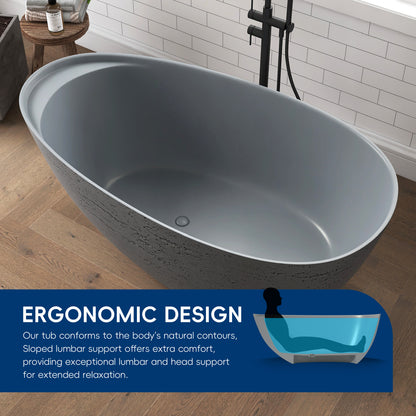 Medunjess 59" Solid Surface Freestanding Tub,Travertine-Texture Design Oval Stone Resin Bathtub Soaking Tub With Overflow