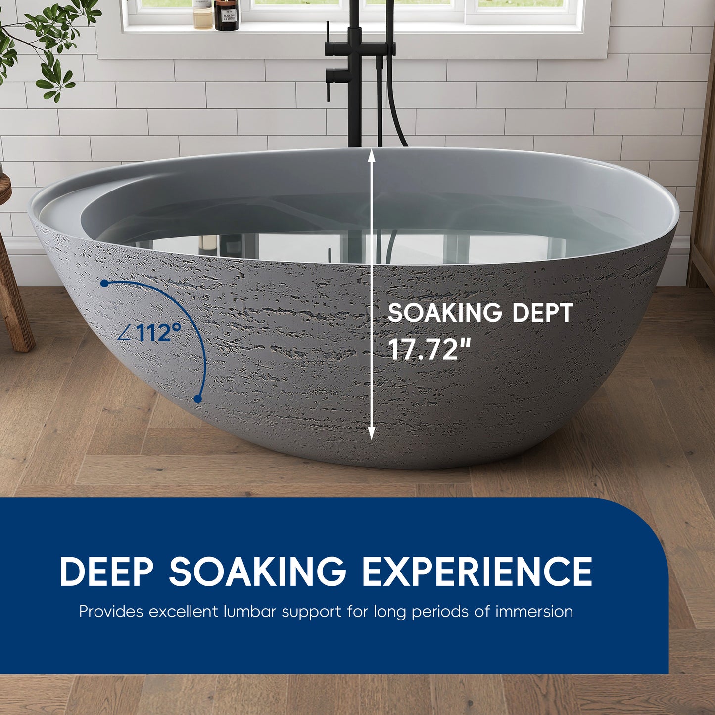 Medunjess 59" Solid Surface Freestanding Tub,Travertine-Texture Design Oval Stone Resin Bathtub Soaking Tub With Overflow