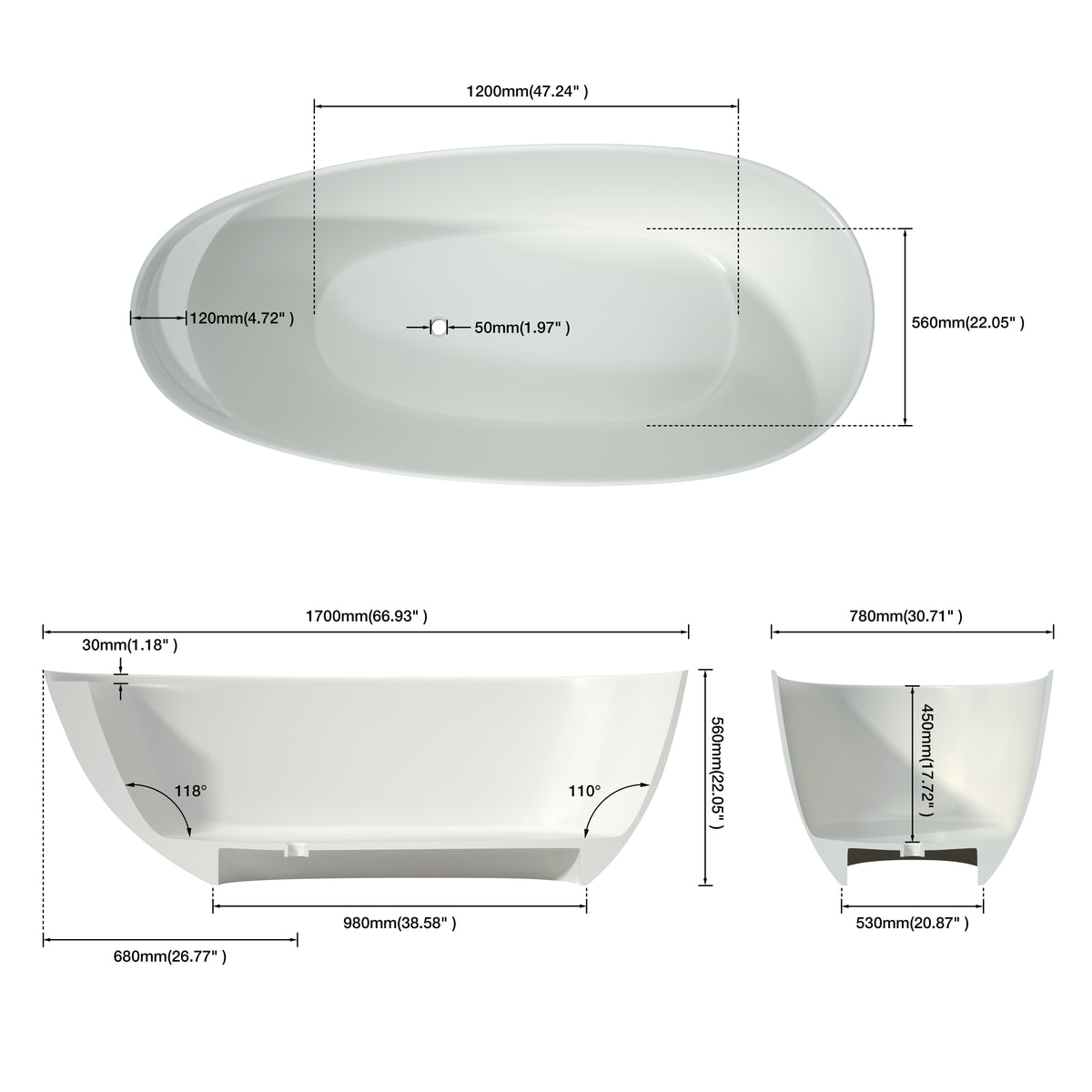 Medunjess 67" Travertine Freestanding Stone Soaking Bathtub - Armani Grey Travertine Exterior & Warm Beige Interior