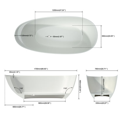 Medunjess 67" Travertine Freestanding Stone Soaking Bathtub - Armani Grey Travertine Exterior & Warm Beige Interior