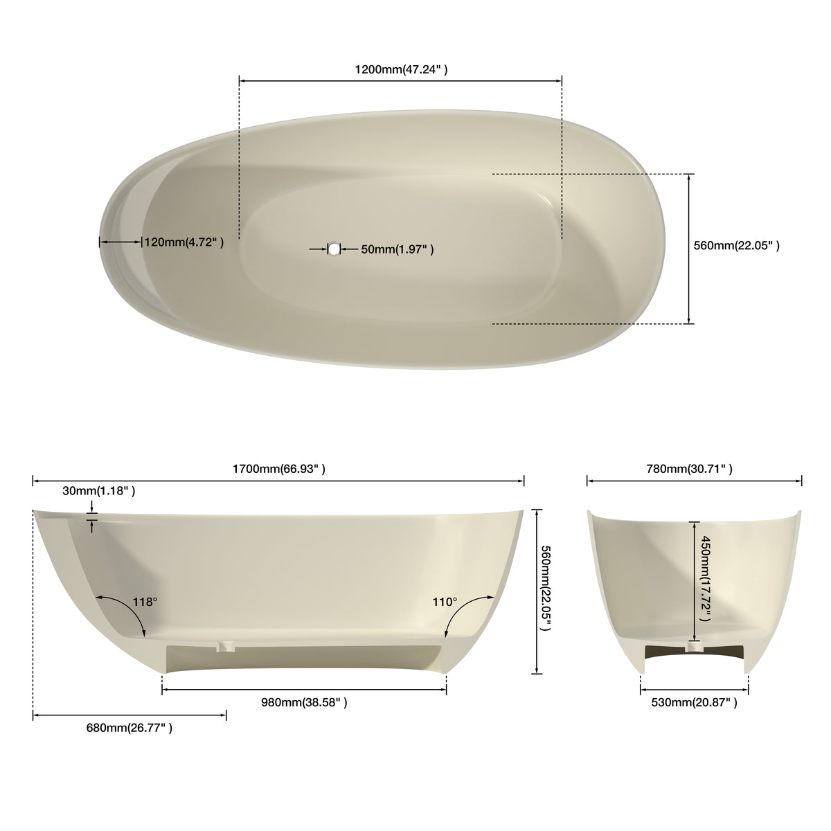 Medunjess 67" Travertine Stone Solid Surface Freestanding Bathtub Stone-Texture Soaking Tub