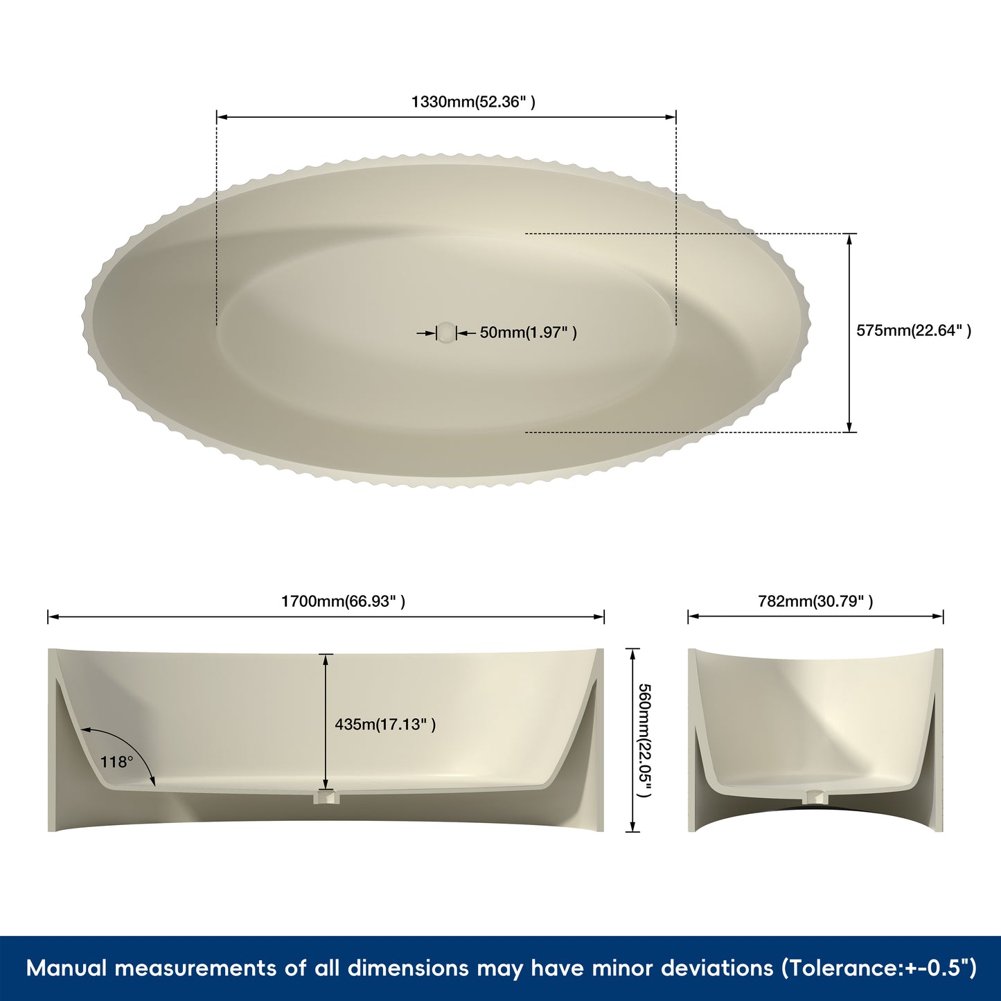Medunjess Aethel 67" Freestanding Bathtub Solid Surface Soaking Tub