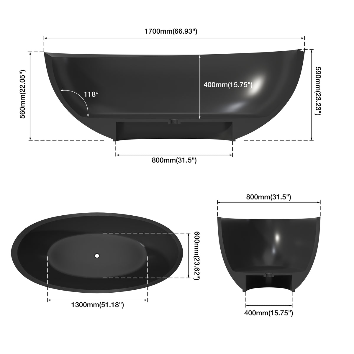 MEDUNJESS 67" Organic Modern Black Travertine Artificial Stone Freestanding Tub