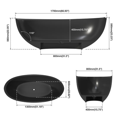 MEDUNJESS 67" Organic Modern Black Travertine Artificial Stone Freestanding Tub