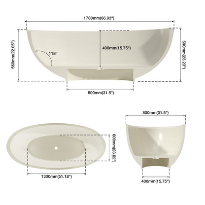 Medunjess 67" Linen Travertine Solid Surface Freestanding Bathtub – Warm Beige Organic Stone Soaking Tub