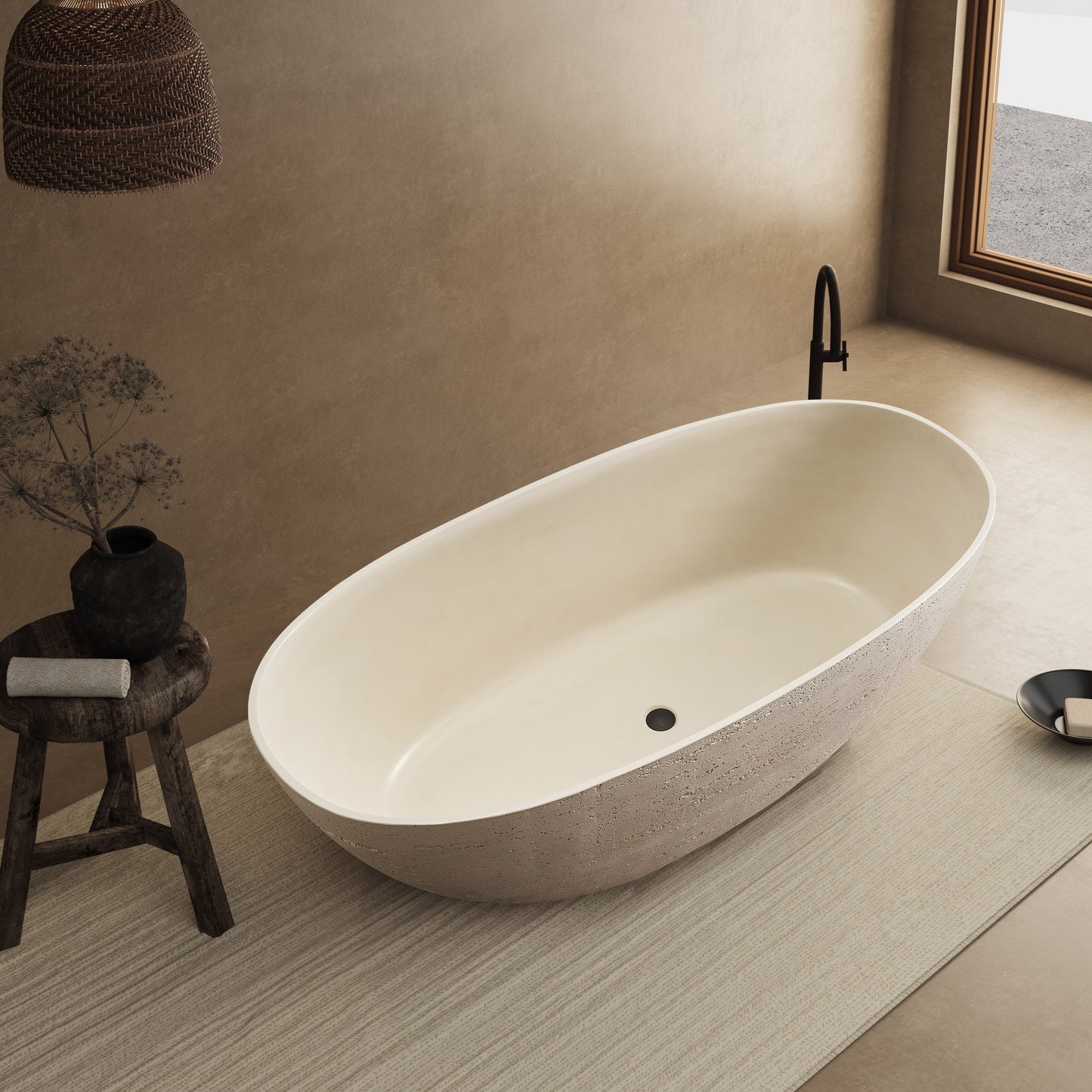 Modern freestanding bathtub in a minimalistic bathroom setting with a plant and stool.