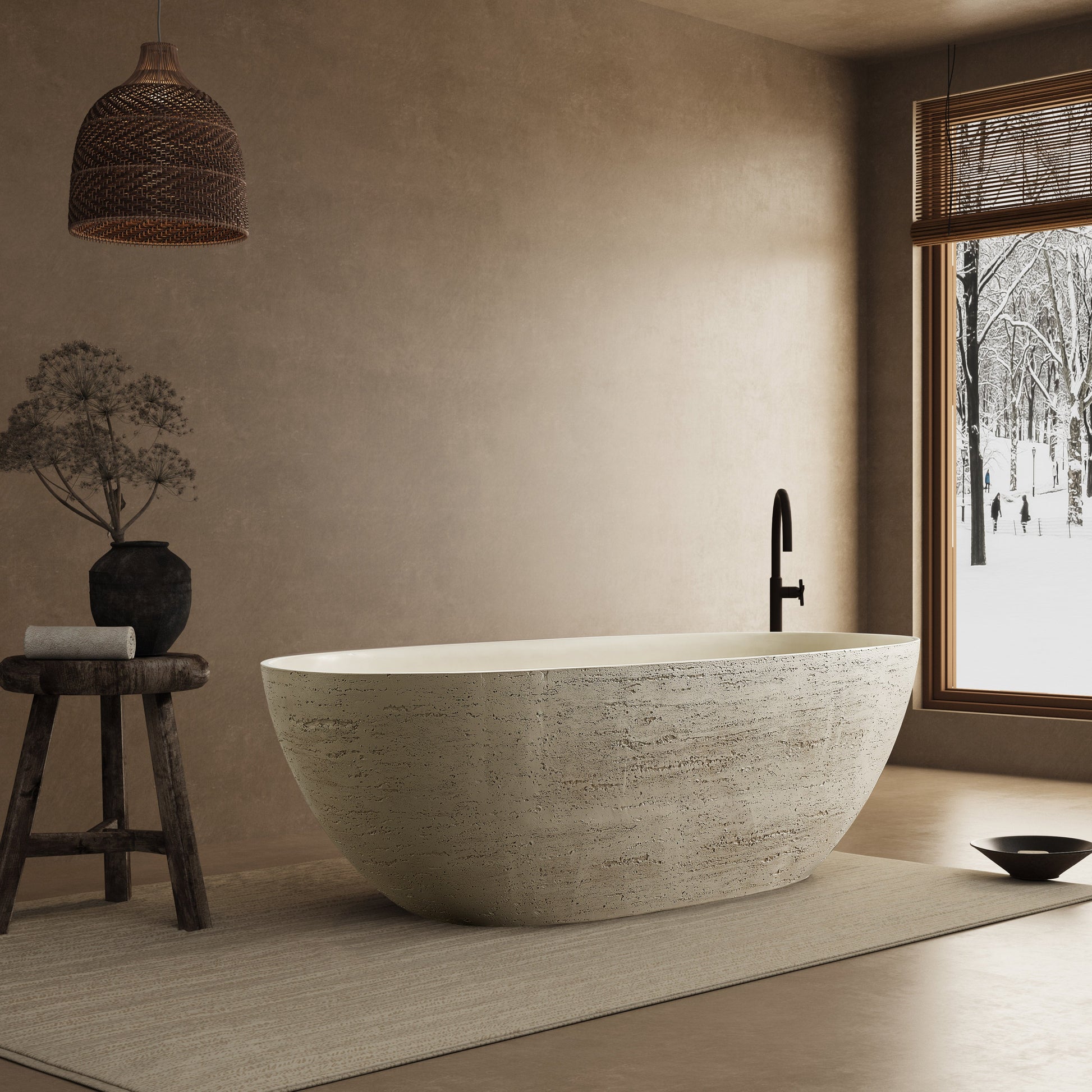 Modern bathroom with a freestanding bathtub, wooden stool, and window view of snow.