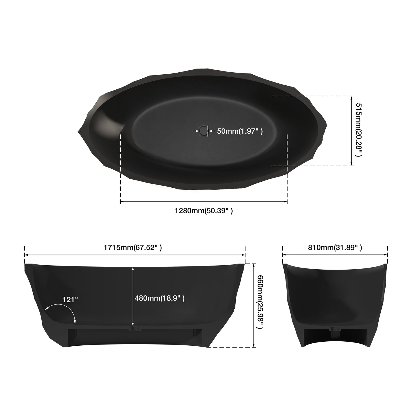 MEDUNJESS 67" Raw-Cut Chiseled Black Rock Solid Surface Freestanding Bathtub