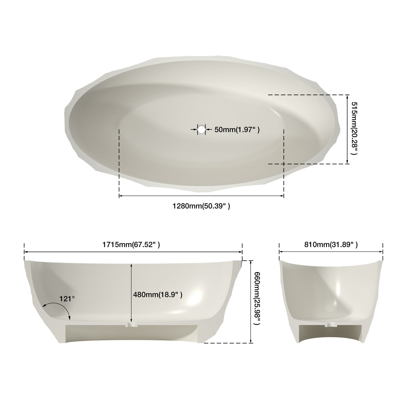 Medunjess 67.5" Raw Travertine-Style Solid Surface Deep Soaking Tub Freestanding Bathtub