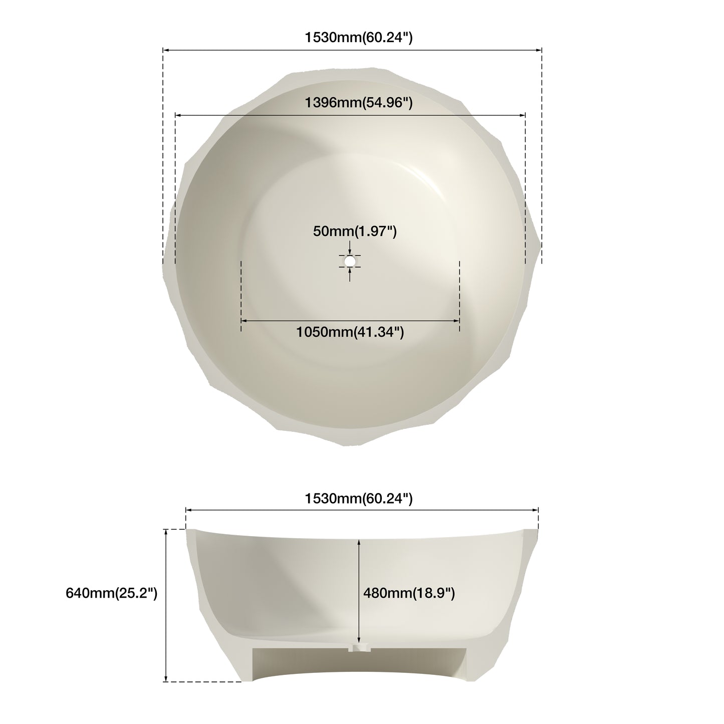 Medunjess 61" Minimalist Round Travertine-Texture Solid Surface Freestanding Bathtub