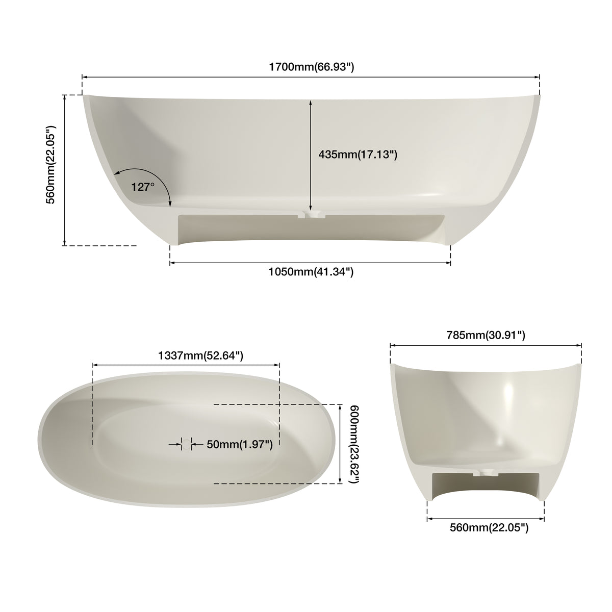 Medunjess 67"  Artificial Travertine Freestanding Bathtub Oval Stone Resin Soaking Tub in Linen