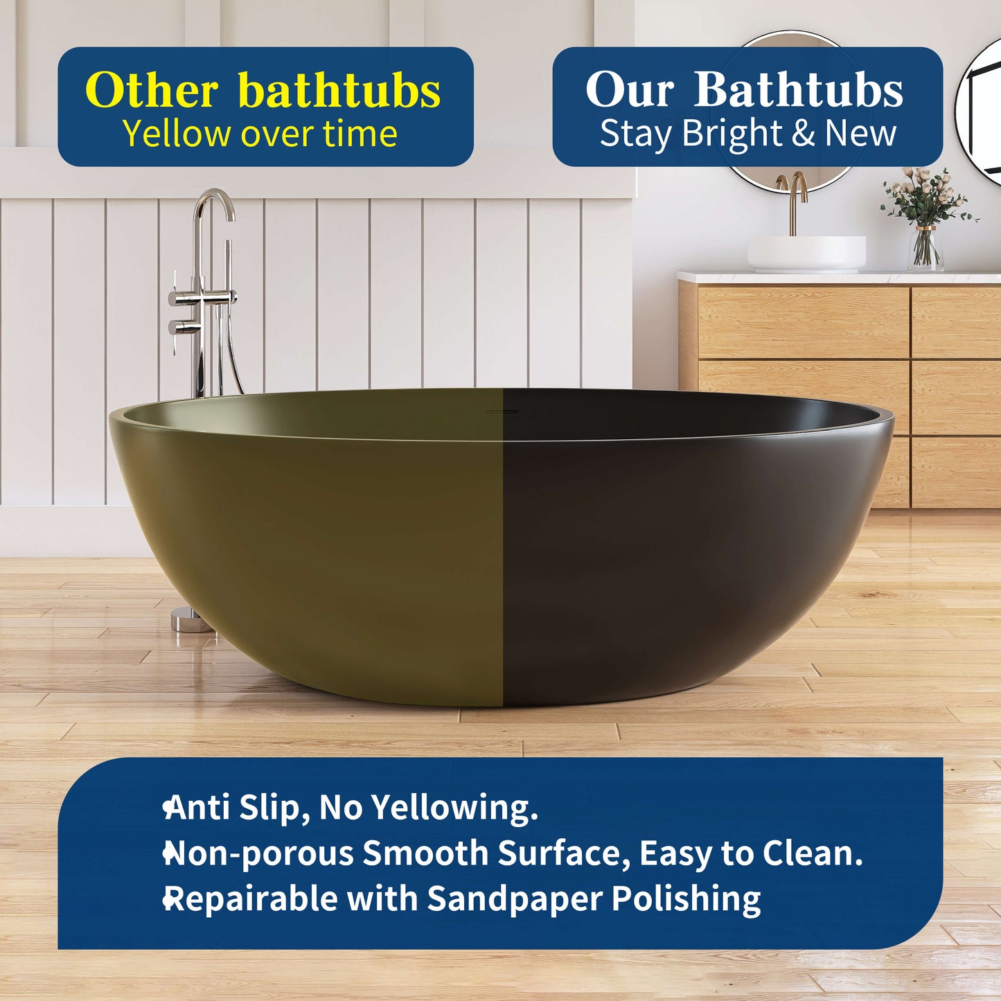 Medunjess 67" White Modern Freestanding Solid Surface Deep Soaking Bathtub for Two