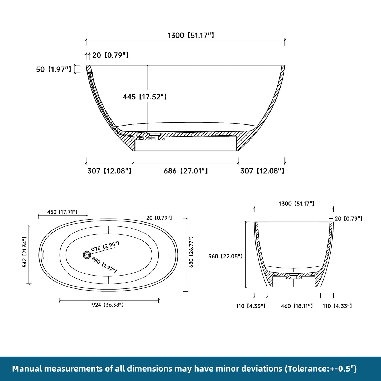Medunjess 51'' Freestanding Compact Soaking Solid Surface Bathtub