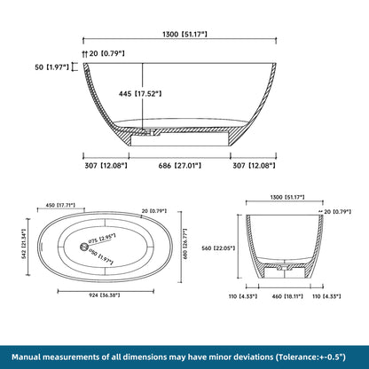 Medunjess 51'' Freestanding Compact Soaking Solid Surface Bathtub