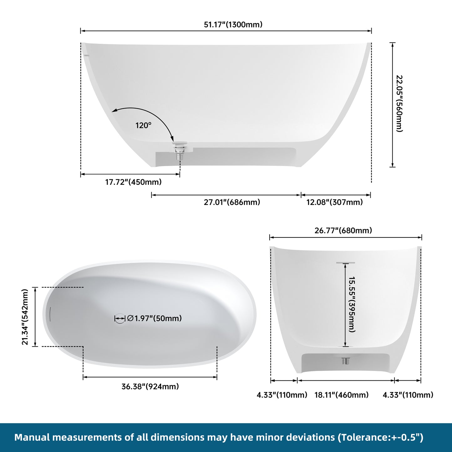 Medunjess 51" Freestanding Compact Soaking Solid Surface Bathtub