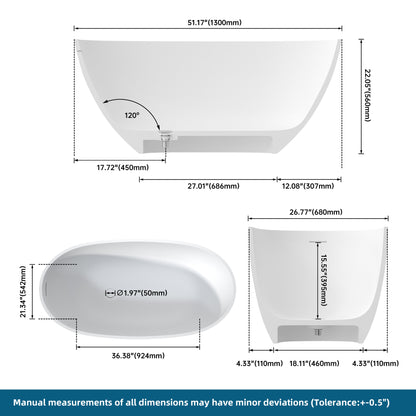 Medunjess 51" Freestanding Compact Soaking Solid Surface Bathtub