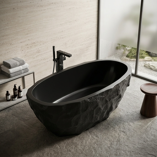 MEDUNJESS 67" Raw-Cut Chiseled Black Rock Solid Surface Freestanding Bathtub