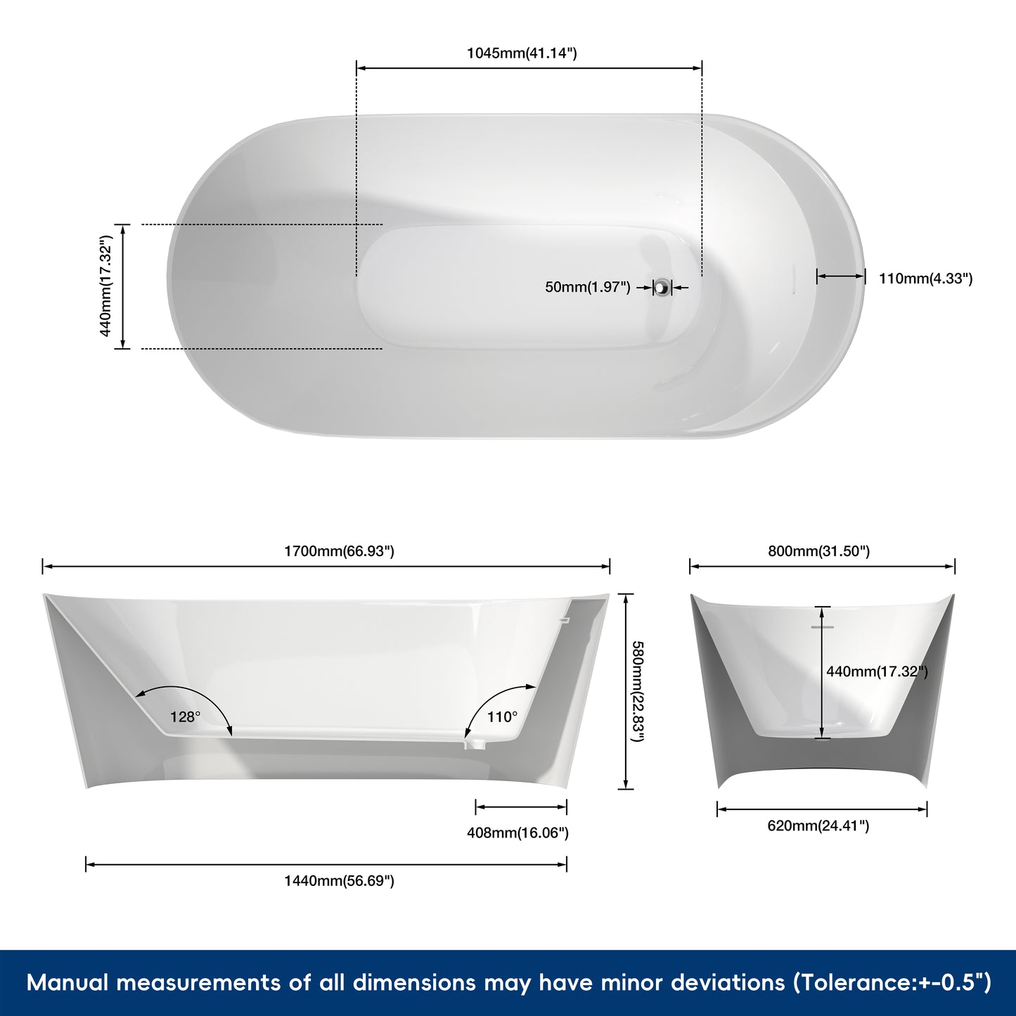 Medunjess 67'' Tide Acrylic Freestanding Tub Freestanding Soaking Bathtub