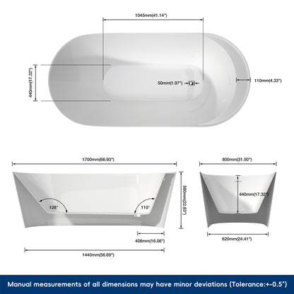 Medunjess 67'' Tide Acrylic Freestanding Tub Freestanding Soaking Bathtub