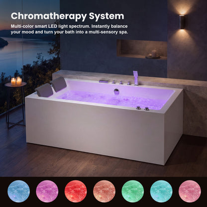 Medunjess 71" 3-Sided Apron Acrylic Whirlpool Hydromassage Bathtub with 12 Jets, Air Switch, Square 5-Piece Faucet Set, Dual Black Pillows