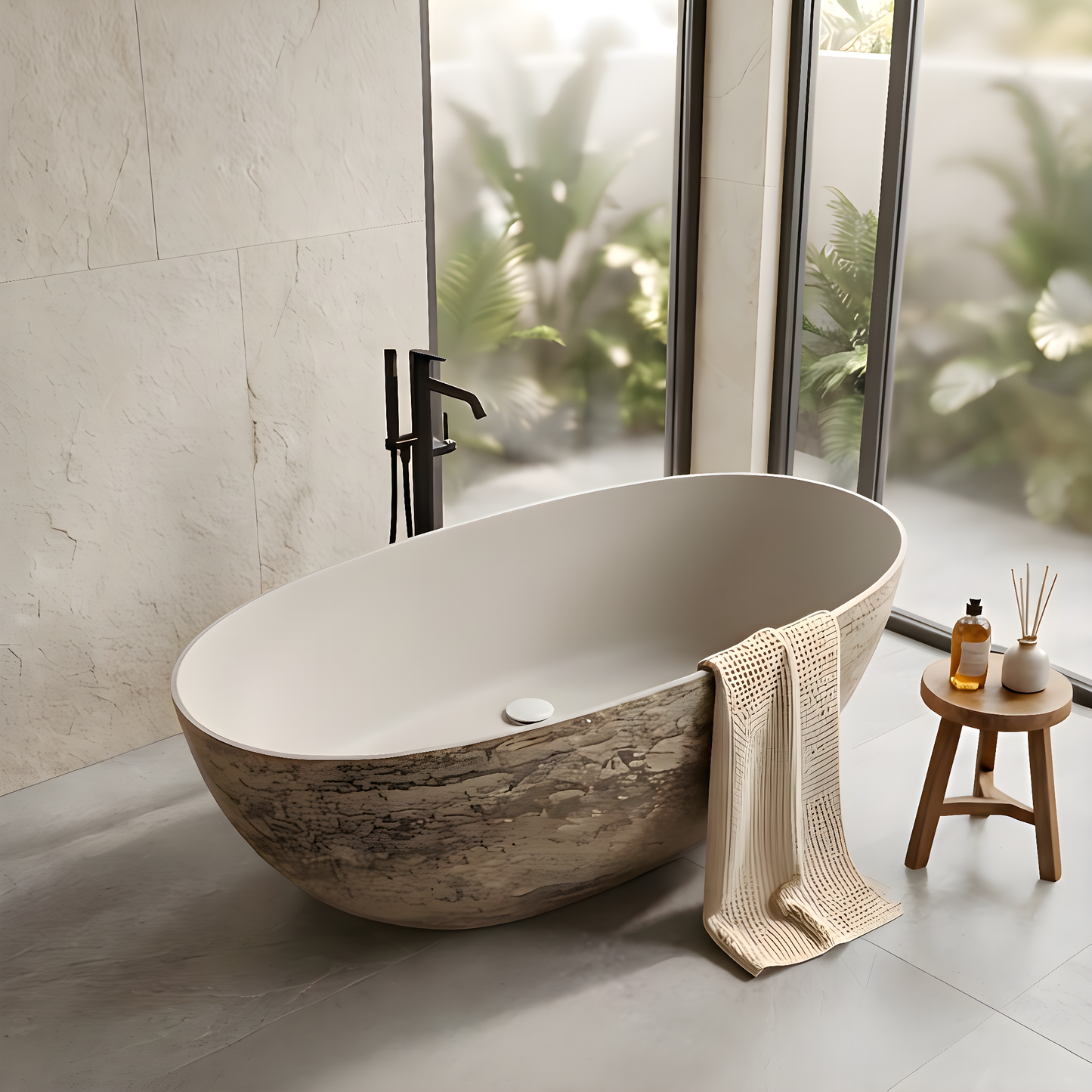 MEDUNJESS 63" Minimalist Travertine Solid Surface Boat-Shaped Freestanding Bathtub