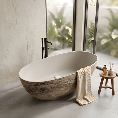 MEDUNJESS 63" Minimalist Travertine Solid Surface Boat-Shaped Freestanding Bathtub