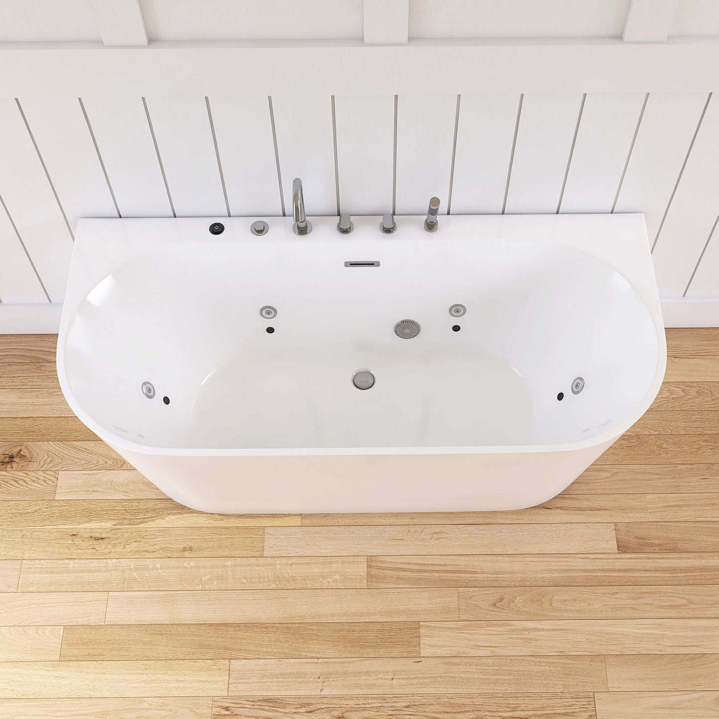 Medunjess 64'' Streamline Freestanding acrylic massage bathtub，6-nozzle massage