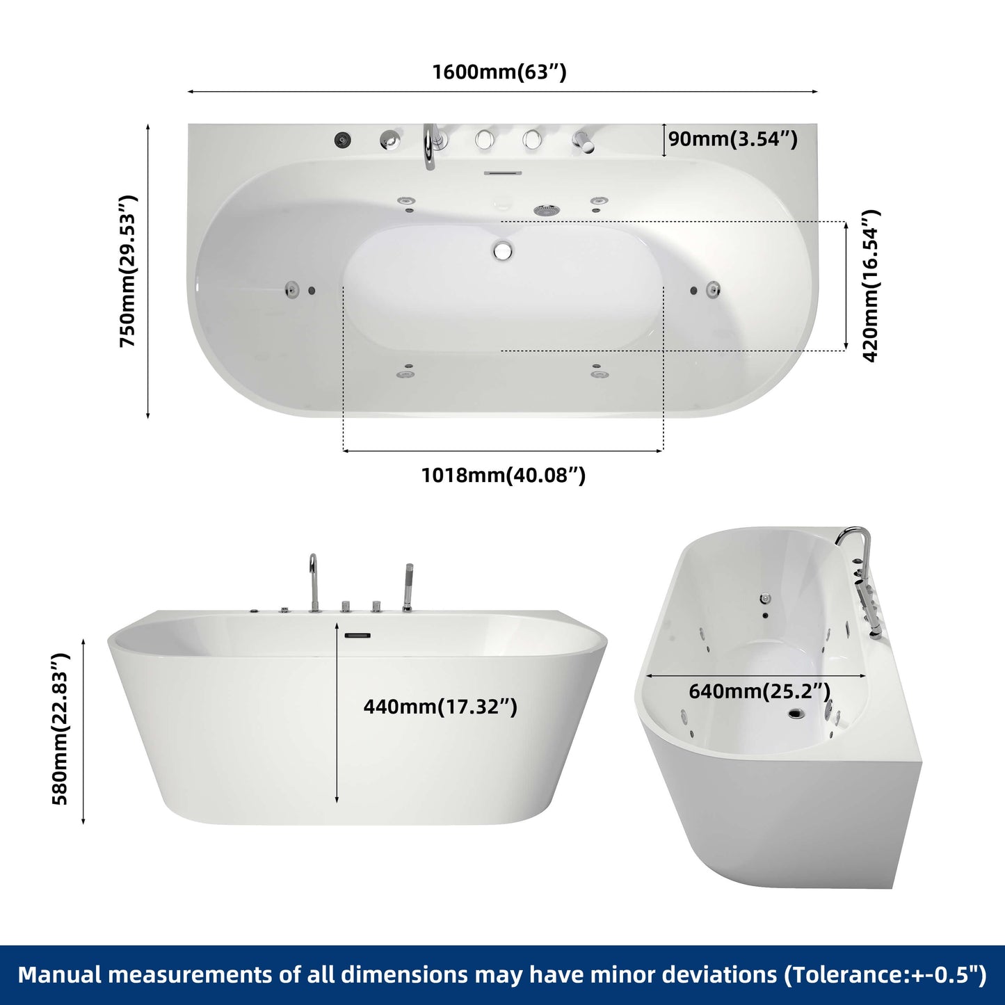 Medunjess 64'' Streamline Freestanding acrylic massage bathtub，6-nozzle massage