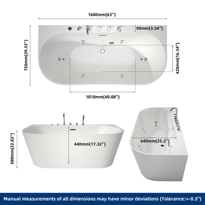 Medunjess 64'' Streamline Freestanding acrylic massage bathtub，6-nozzle massage