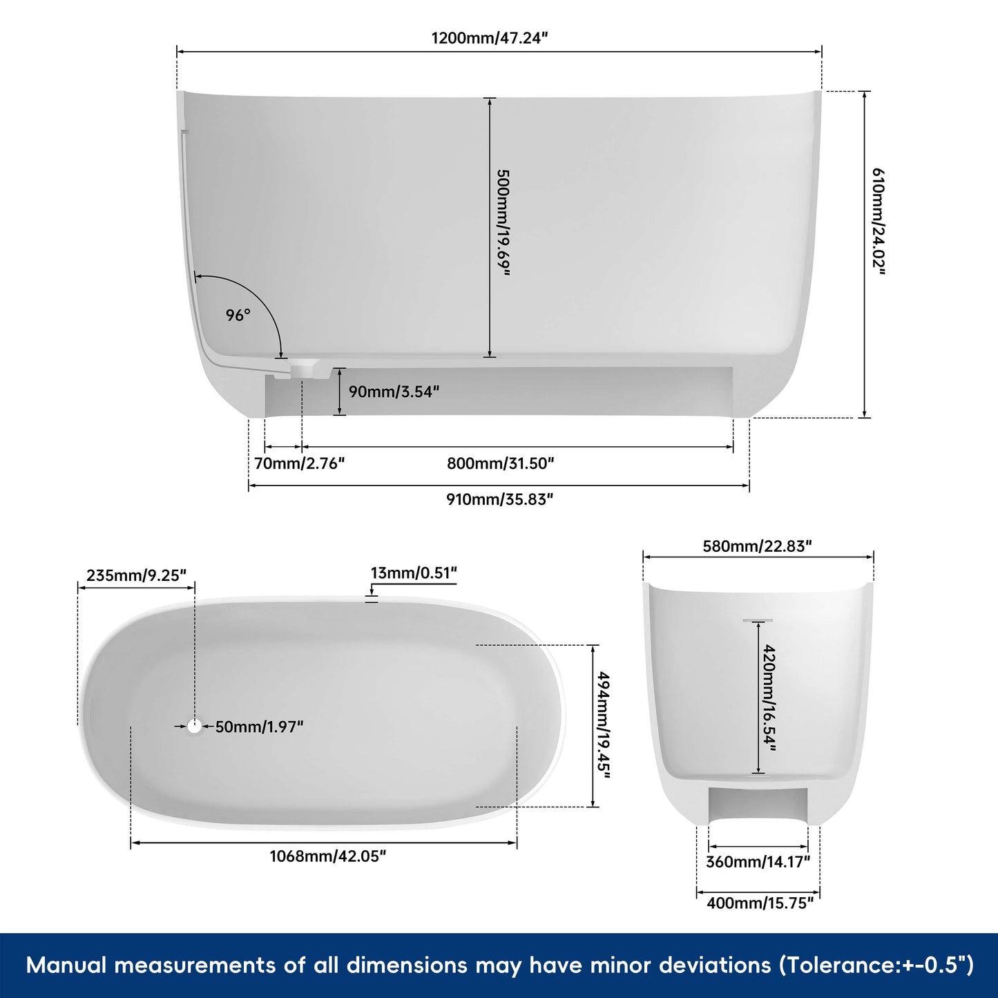 Medunjess 47'' Quaria Freestanding Bathtub Solid Surface Stone