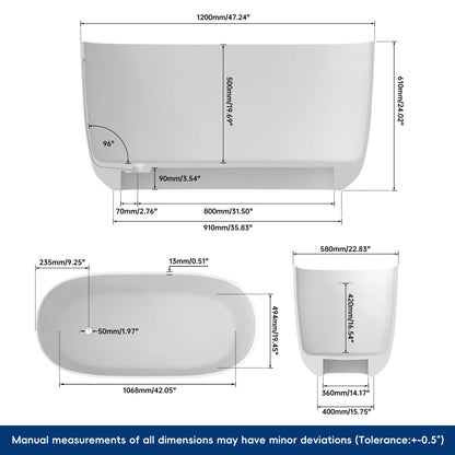 Medunjess 47'' Quaria Freestanding Bathtub Solid Surface Stone