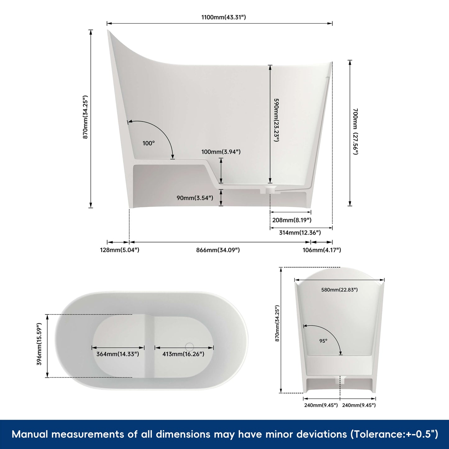 Medunjess 43''Artificial stone freestanding bathtub with seat (matte white)