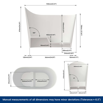 Medunjess 43''Artificial stone freestanding bathtub with seat (matte white)