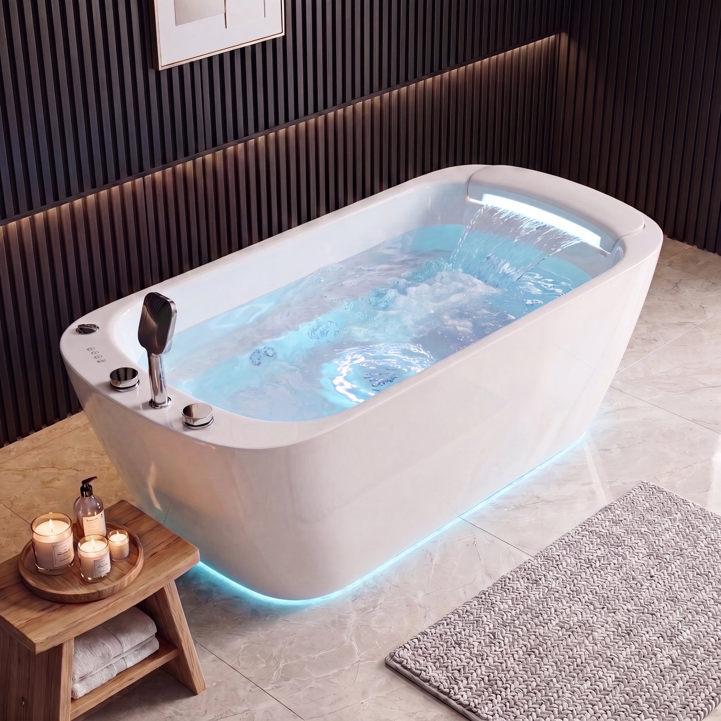Medunjess 67" Modern White Acrylic Whirlpool Jetted Freestanding Bathtub with Waterfall Pillow, 11 Hydro Massage Jets, Air Bubble System & Blue LED Chromatherapy Light