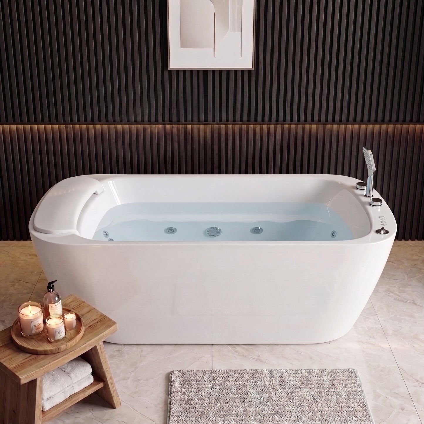 Medunjess 67" Modern White Acrylic Whirlpool Jetted Freestanding Bathtub with Waterfall Pillow, 11 Hydro Massage Jets, Air Bubble System & Blue LED Chromatherapy Light