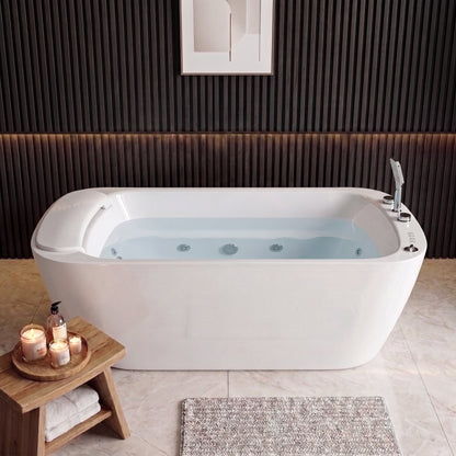 Medunjess 67" Modern White Acrylic Whirlpool Jetted Freestanding Bathtub with Waterfall Pillow, 11 Hydro Massage Jets, Air Bubble System & Blue LED Chromatherapy Light