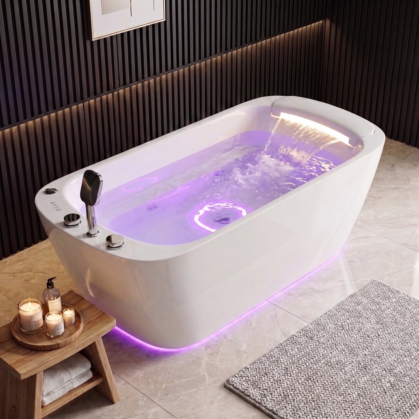 Medunjess 67" Modern White Acrylic Whirlpool Jetted Freestanding Bathtub with Waterfall Pillow, 11 Hydro Massage Jets, Air Bubble System & Blue LED Chromatherapy Light