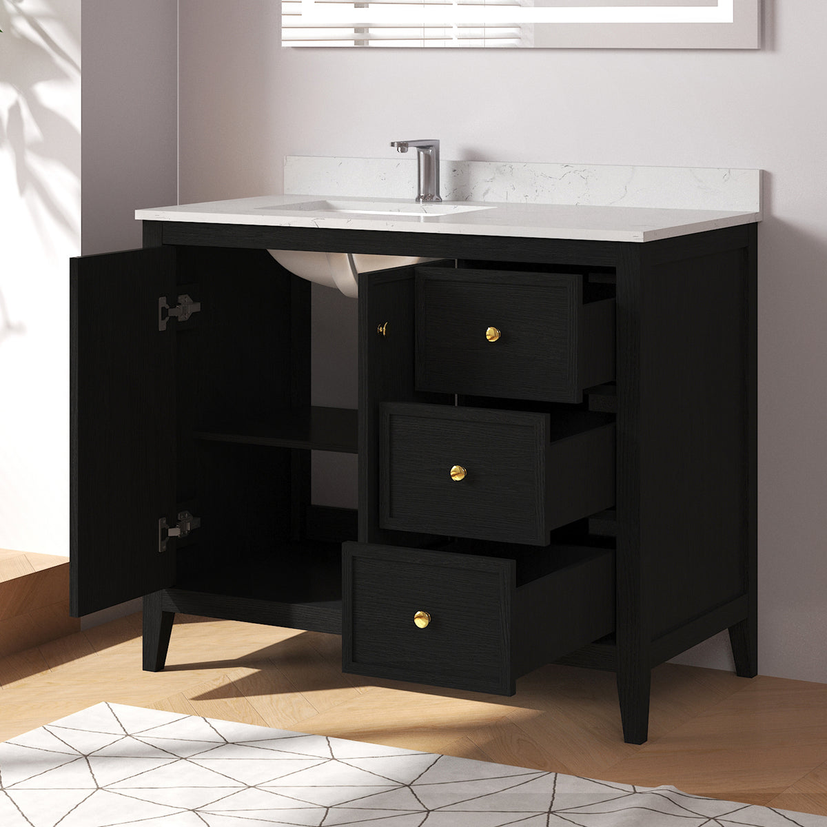 Medunjess 42" Freestanding Bathroom Vanity Set with Engineered Stone Countertop & Undermount Sink - Elegant Black