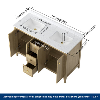 Medunjess 54" Freestanding Double Sink Bathroom Vanity Set with Engineered Stone Countertop & Undermount Sinks - Natural Oak