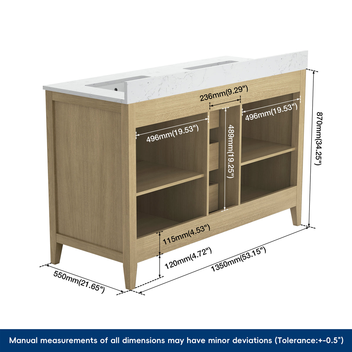 Medunjess 54" Freestanding Double Sink Bathroom Vanity Set with Engineered Stone Countertop & Undermount Sinks - Natural Oak