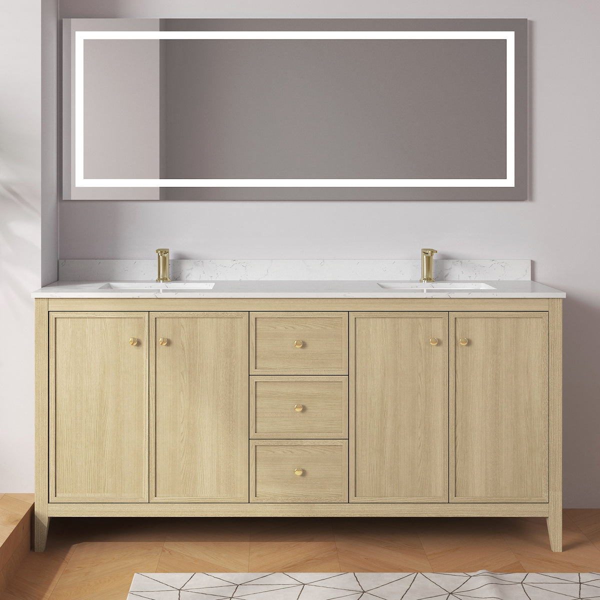 Medunjess 72" Freestanding Double Sink Bathroom Vanity Set with Engineered Stone Countertop & Dual Hardware Options - Natural Oak