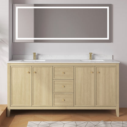 Medunjess 72" Freestanding Double Sink Bathroom Vanity Set with Engineered Stone Countertop & Dual Hardware Options - Natural Oak