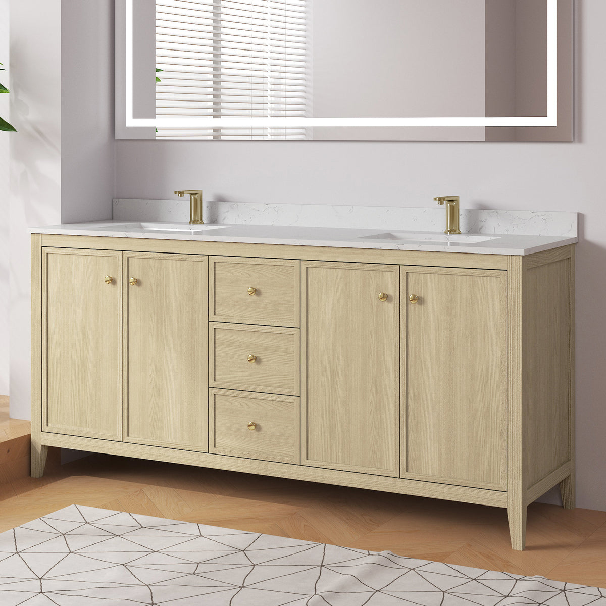 Medunjess 72" Freestanding Double Sink Bathroom Vanity Set with Engineered Stone Countertop & Dual Hardware Options - Natural Oak